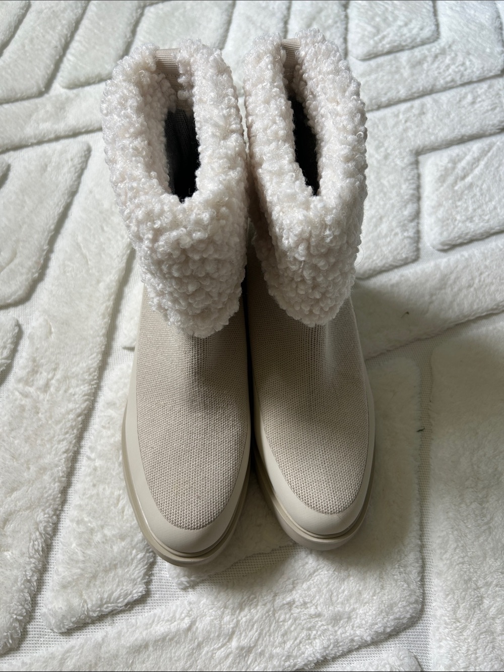 VIVAIA Elaine Fur Platform Chunky Wedge Boots in Cream Ivory